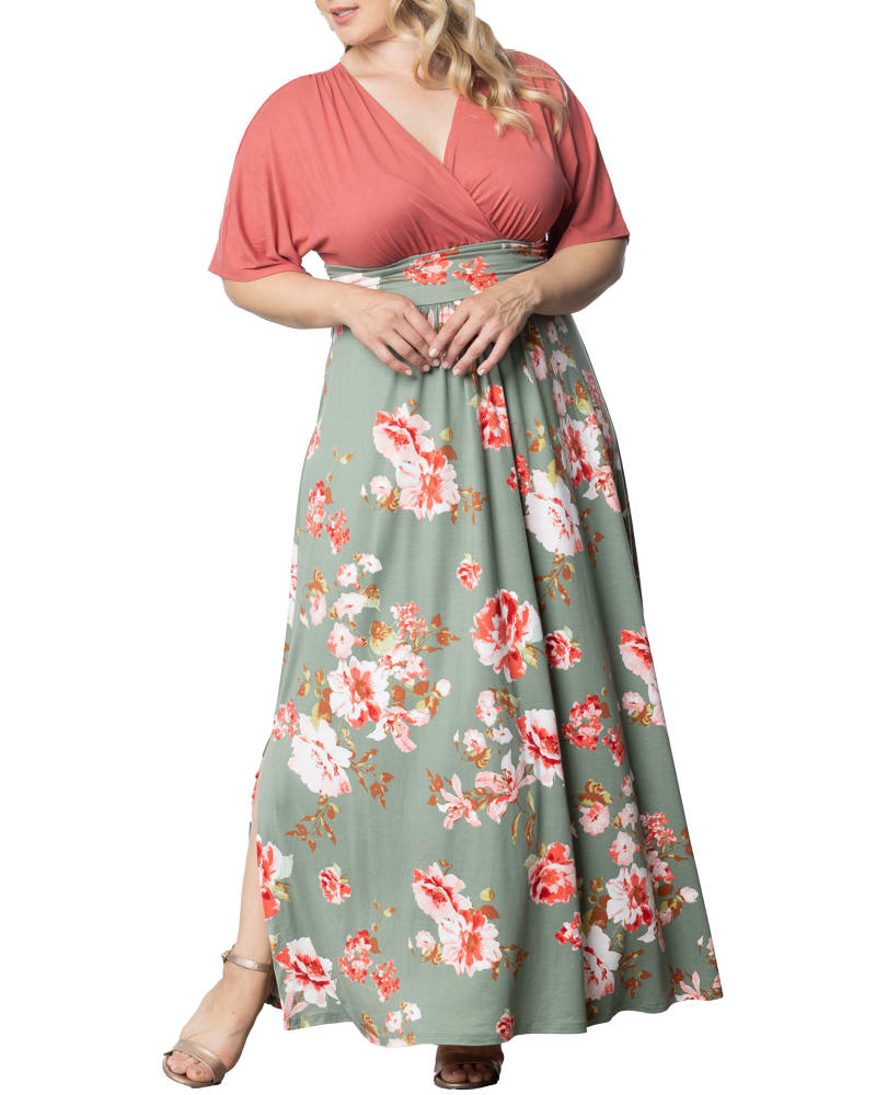 Front of a model wearing a size 3X Havana Color Block Maxi Dress in SAGE GARDEN PRINT by Kiyonna. | dia_product_style_image_id:353032